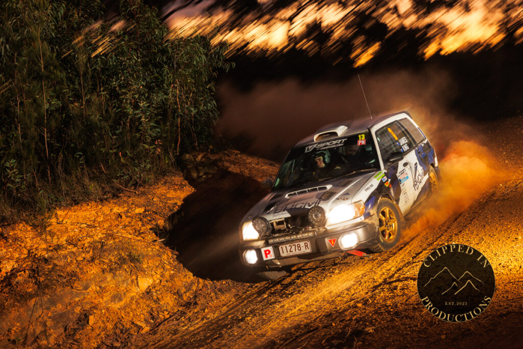 Rhiley King competing at Rally of the Bay 2026 night Stage in his Subaru Forester Rally Car